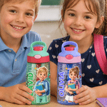 Personlig 3D-inspirert tegneseriefoto på 16 oz vannflaske for barn med navn og silikonstrå – en perfekt gave til skolestart eller bursdag for gutter og jenter