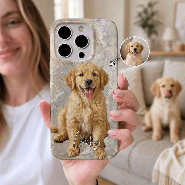 Funda para iPhone personalizada con foto de mascota al estilo de un cuadro al óleo, con apodo, ideal como regalo de cumpleaños para los amantes de las mascotas y sus dueños