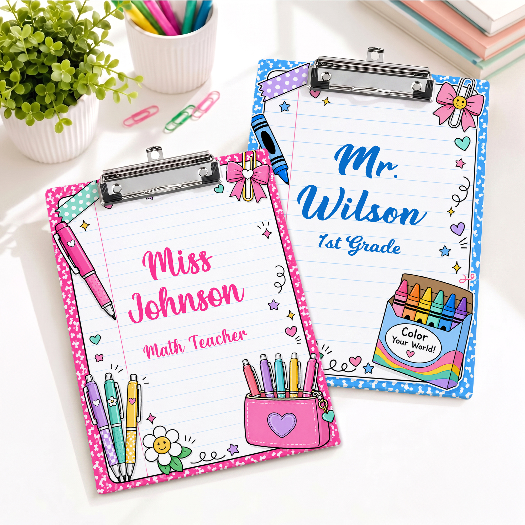 Individuell gestaltetes Clipboard im Preppy-Stil mit Doodle-Motiven und flachem Clip – für den täglichen Gebrauch, als Geschenk zum Lehrertag oder zum Schulanfang für Lehrer