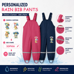 Personalised Cartoon Animal Mud Proof Kids Rain Bib Pants with Name and Adjustable Shoulder Strap Outdoor Use Back to School Gift for Kid Student