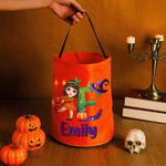 Personalized Cartoon Kids Character Pumpkin LED Light Bucket Bag with Name and Letter Trick or Treat Halloween Party Gift for Children Boys Girls