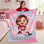 Personalized Soccer Cartoon Character Soft Throw Blanket with Name and Number Home Decor Back to School Birthday Gift for Kids Girls Boys
