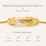 Personalised Pink Ribbon Bow Lymphedema Medical Alert Bracelet with Engraved Text and Title Emergency Jewellery Care Gift for Breast Cancer Woman