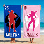Personalised Multicolour Baseball Rugbay Player Silhouette Quick Dry Beach Towel with Name and Number Summer Holiday Travel Gift for Baseball Lovers