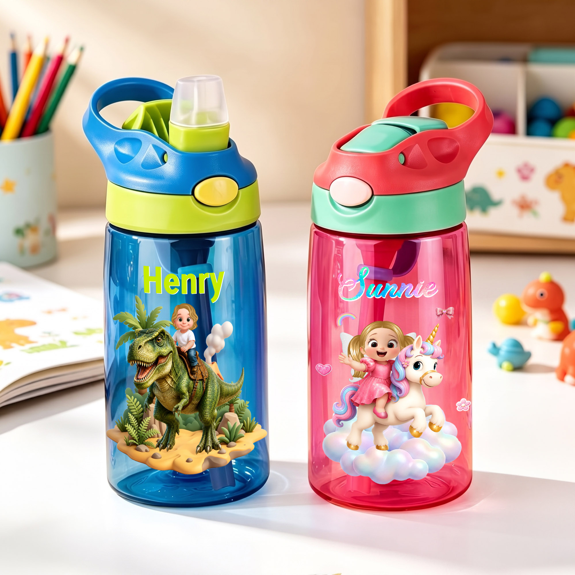 Personalisierte 16-oz-Wasserflasche mit einem fantasievollen Einhorn-Dinosaurier-Cartoon-Motiv und Namensaufdruck – Geschenk zum Schulanfang oder Geburtstag für Kinder