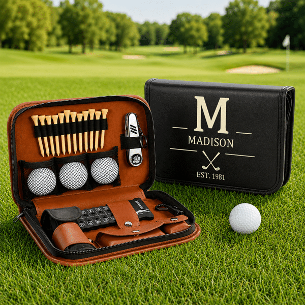 Personalized Golf Tool Leather Storage Pouch with Initial Name Year and 21 Pcs Golf Accessories Weekend Birthday Gift for Golf Lovers Golfers