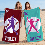 Personalised Multicolour Baseball Rugbay Player Silhouette Quick Dry Beach Towel with Name and Number Summer Holiday Travel Gift for Baseball Lovers