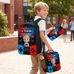 Personalised Cartoon Kid Character Bold Neon Gamepad Backpack Lunch Bag Pencil Case Set with Name Back to School Birthday Gift for Student