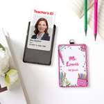 Personalised Cute Stationery Border ID Card Holder with Hanging Buckle Surname Text and Title Back to School Teacher's Day Gift for Educators