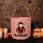 Personalized Halloween Theme Cartoon Character Large Plaid Basket with Name Trick or Treat Activity Halloween Gift for Kids