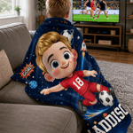 Personalized Soccer Cartoon Character Soft Throw Blanket with Name and Number Home Decor Back to School Birthday Gift for Kids Girls Boys