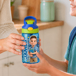 Personlig 3D-inspirert tegneseriefoto på 16 oz vannflaske for barn med navn og silikonstrå – en perfekt gave til skolestart eller bursdag for gutter og jenter