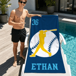 Personalised Multicolour Baseball Rugbay Player Silhouette Quick Dry Beach Towel with Name and Number Summer Holiday Travel Gift for Baseball Lovers