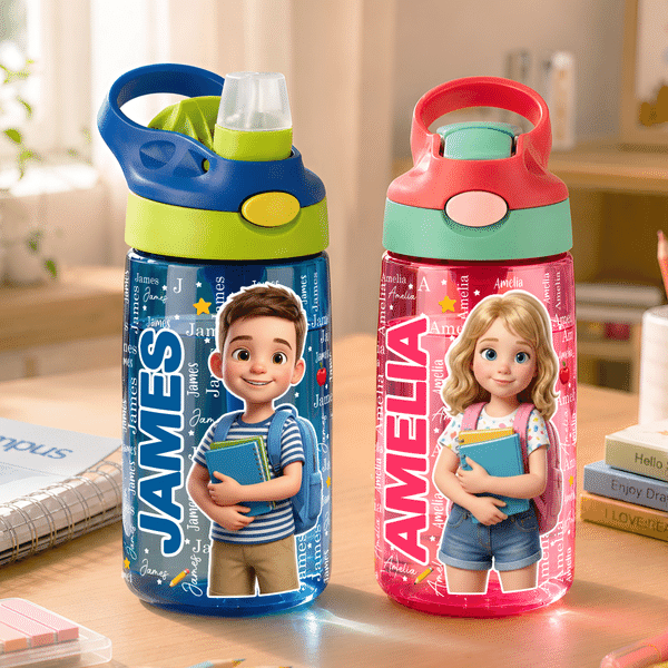 Personlig 3D-inspirert tegneseriefoto på 16 oz vannflaske for barn med navn og silikonstrå – en perfekt gave til skolestart eller bursdag for gutter og jenter