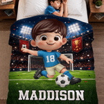 Personalized Soccer Cartoon Character Soft Throw Blanket with Name and Number Home Decor Back to School Birthday Gift for Kids Girls Boys