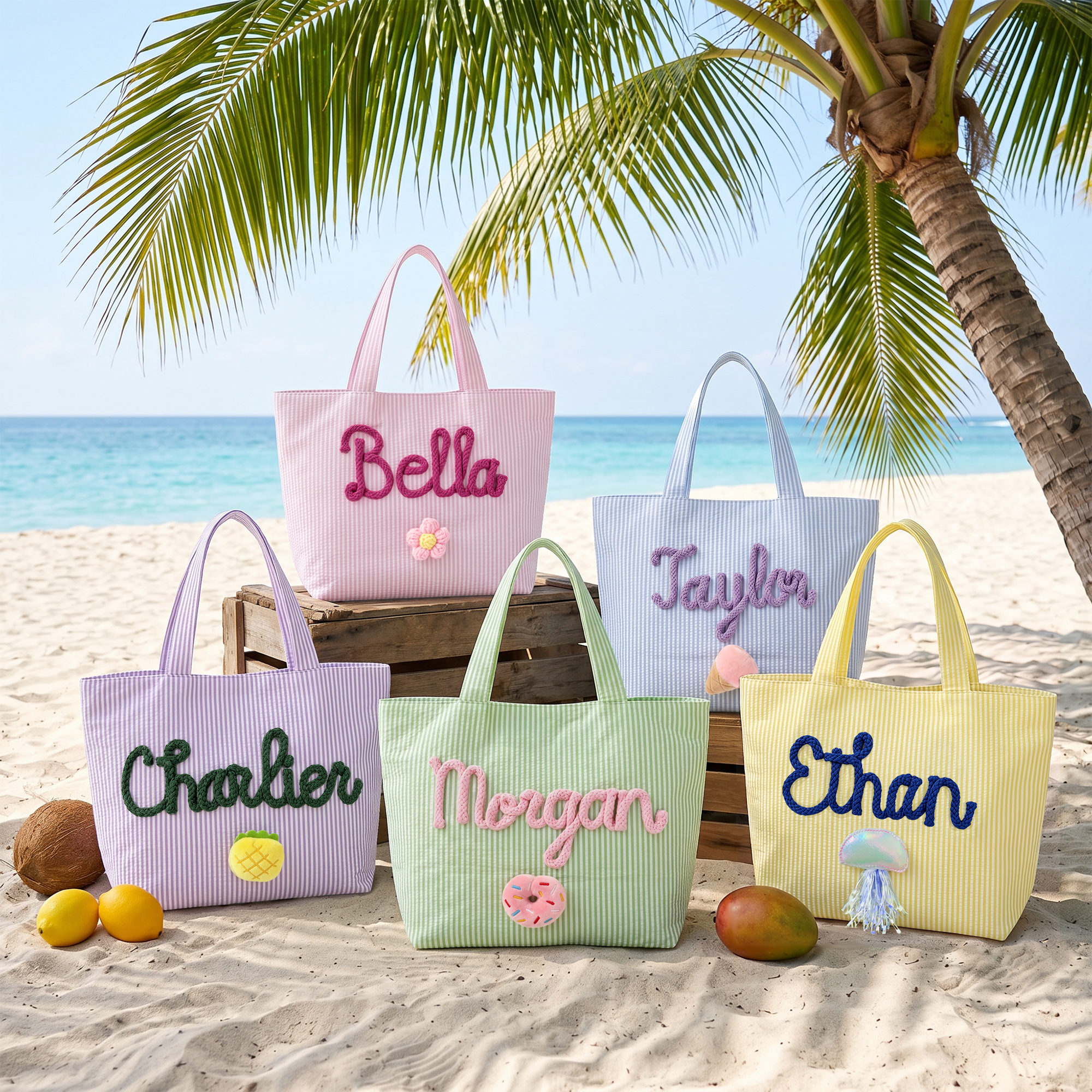 Personalisierte, niedliche Handtasche mit Donut- und Ananas-Anhänger im gestreiften Blumenmuster, mit Namensstickerei – Sommerurlaub, Strandparty, Geburtstagsgeschenk für Kinder