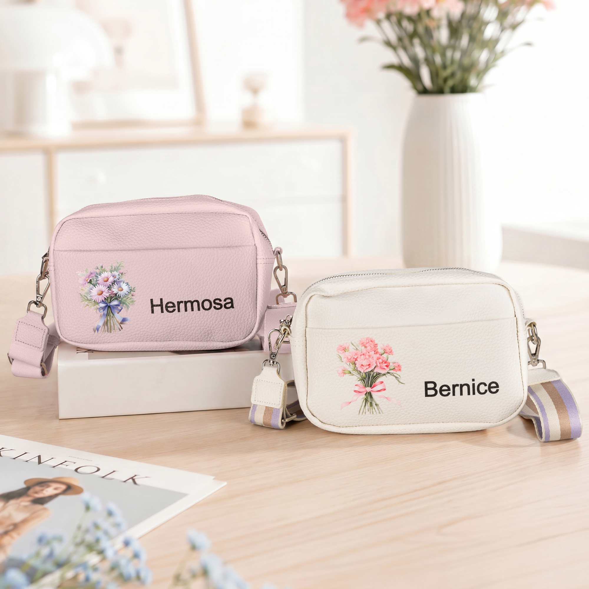 Personalized Birth Flower Bouquet PU Leather Adjustable Crossbody Bag with Name Birthday Anniversary Gift for Woman Bridesmaid