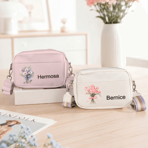 Personalized Birth Flower Bouquet PU Leather Adjustable Crossbody Bag with Name Birthday Anniversary Gift for Woman Bridesmaid