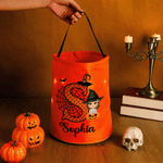 Personalised Cartoon Character Pumpkin Design LED Light Candy Bucket with Name and Initial Trick or Treat Halloween Party Gift for Girls Boys
