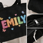 Personalized Heart Flower Oil Painting Style Name Large Corduroy Tote Bag Daily Use Birthday Gift for Women Girls