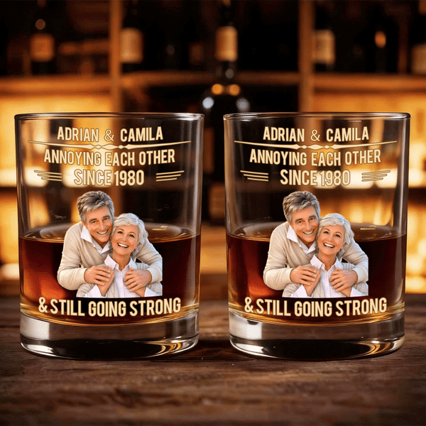 Personalised Retro Cartoon Photo Funny 10 oz Whisky Glass with Name and Year Housewarming Birthday Gift for Couple Wine Lovers Friends