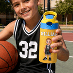 Personalised Cute Basketball Cartoon Character 12 oz Insulated Water Bottle with Straw and Name Back to School Birthday Team Gift for Kid