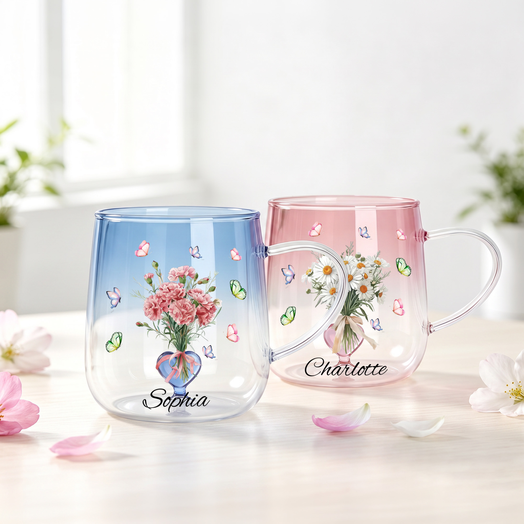 Personalisierte 3D-Herz-Weihnachtskugel aus Glas mit Schmetterling, Geburtsblume und Namen – Muttertags- und Geburtstagsgeschenk für Mama und Frauen
