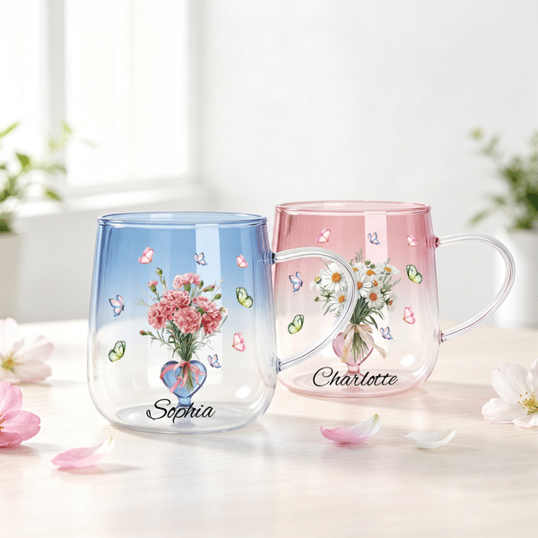 Personalised Butterfly Birth Flower 3D Heart Ornament Heat Resistant Glass Mug with Name Mother's Day Birthday Gift for Mum Woman