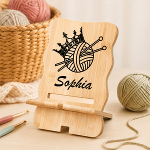 Personalized Knitted Pattern Rectangle Wavy Wooden Phone Holder with Name and Initial Desk Decor Birthday Gift for Knitting Enthusiasts