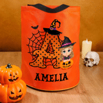 Personalised Cartoon Character Pumpkin Design LED Light Candy Bucket with Name and Initial Trick or Treat Halloween Party Gift for Girls Boys