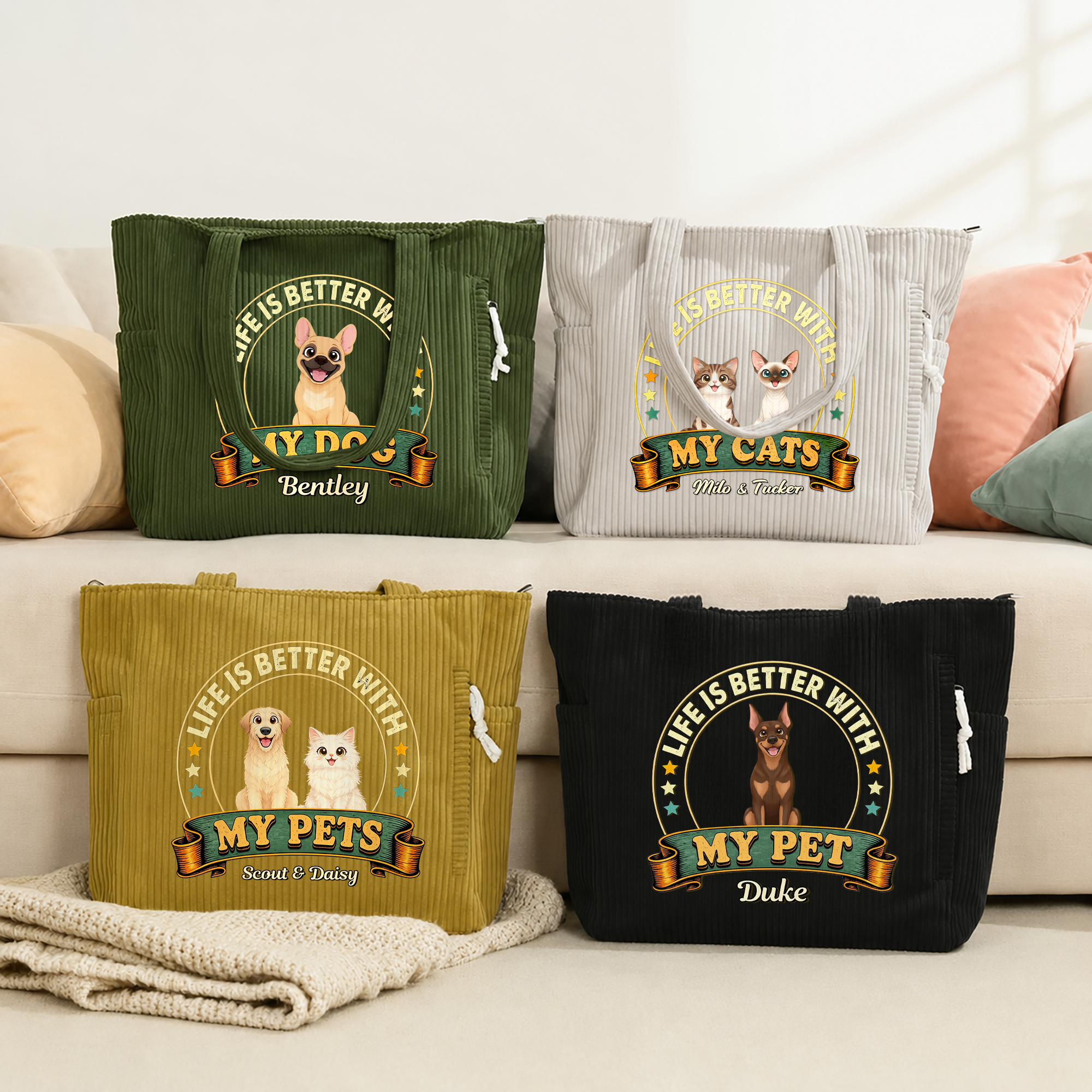 Ein individuelles Leben ist schöner – große Cord-Tragetasche mit Katzen- und Hundemotiv sowie Namenszug: für den täglichen Gebrauch, als Reisetasche oder Geburtstagsgeschenk für Tierhalter und Tierlie