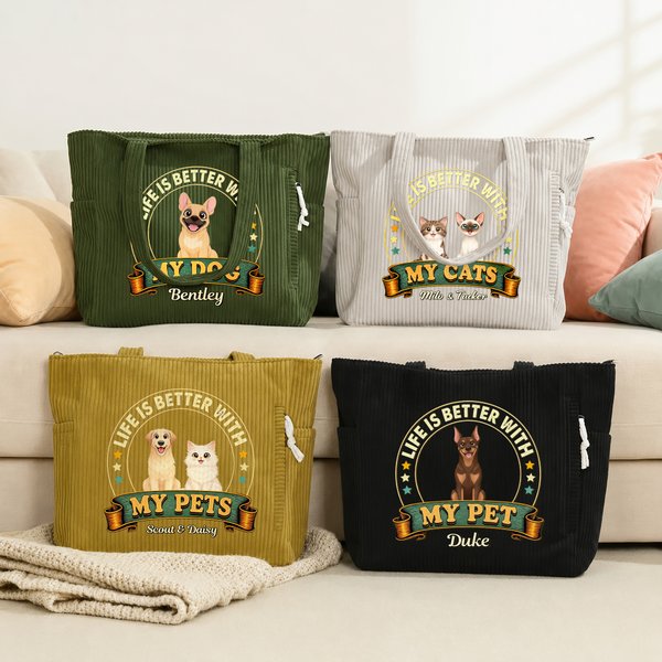 Personalised Life Is Better with Cat Dog Large Capacity Corduroy Tote Bag with Name Daily Use Travel Birthday Gift for Pet Owner Lover