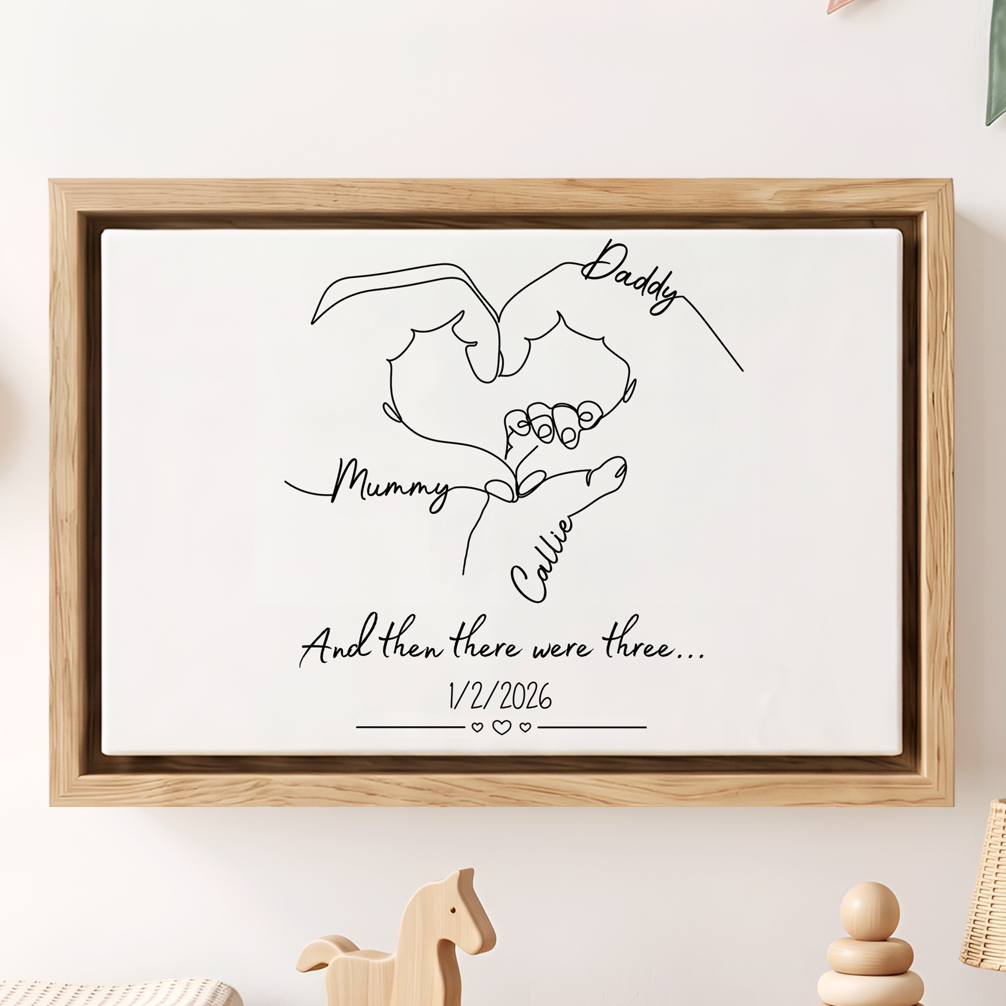 Personalisierter Leinwanddruck mit modernen Handabdruck-Strichzeichnungen & Namen | Wanddeko | Geschenk zur Geburt für frischgebackene Eltern