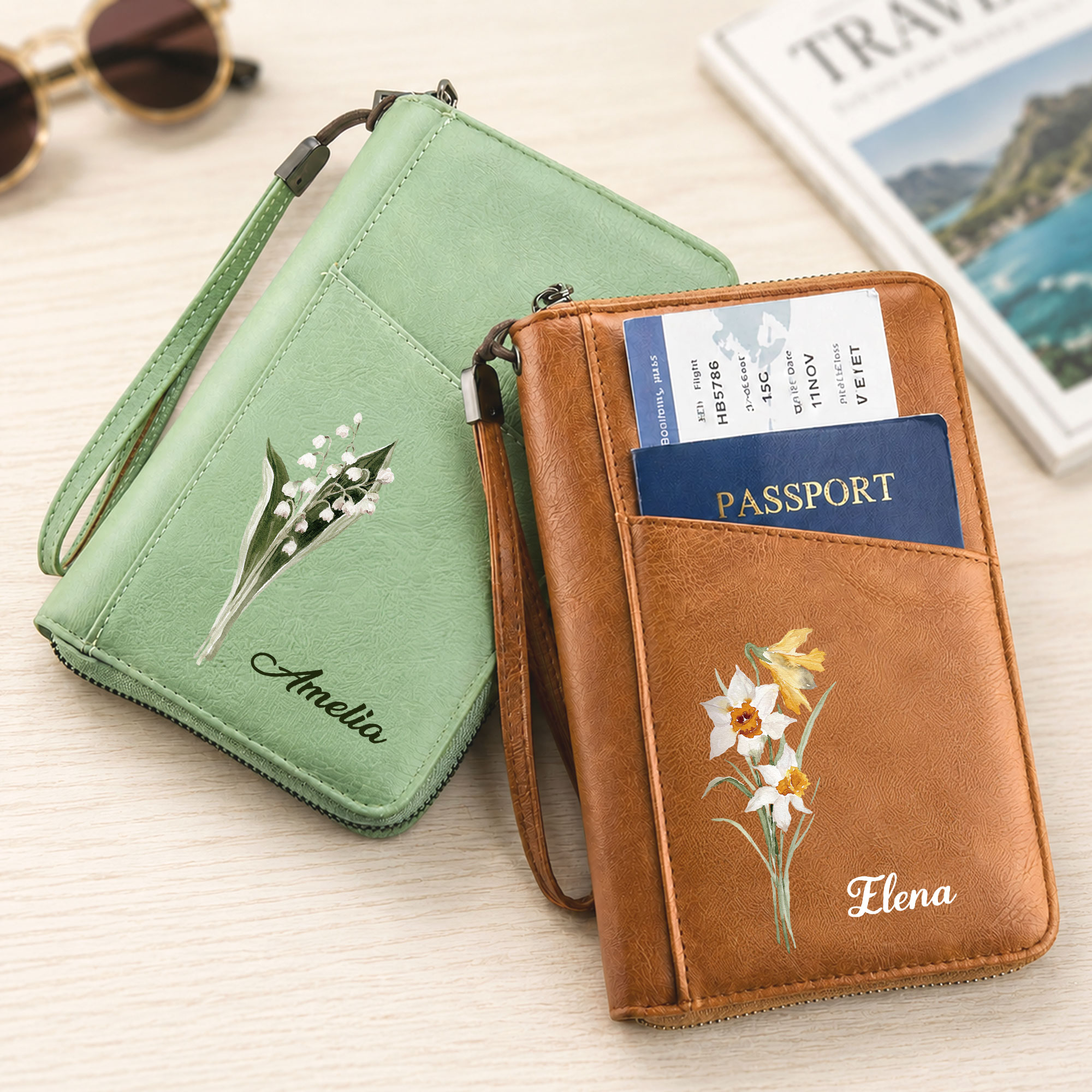 Personalisierte Reisepasshülle aus PU-Leder mit Geburtsblume und Namenszug – unverzichtbares Reiseaccessoire und Geburtstagsgeschenk für Frauen