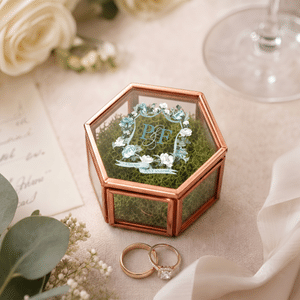 Personalised Floral Crest Hexagon Glass Ring Box with Initial and Moss Ceremony Decor Wedding Anniversary Engagement Gift for Couple