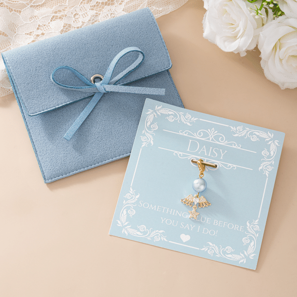 Personalized Bling Rhinestone Pearl Something Blue Bridal Bouquet Charm with Name and Card Anniversary Bridal Shower Wedding Gift for Bride
