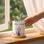 Personalized Cartoon Character Birth Flower Ceramic Plant Pot with Title Surname and Bamboo Base Teacher's Day Back to School Gift for Teachers