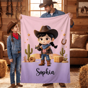 Gepersonaliseerde zachte fotodeken met cactus-stripfiguur en naam – woondecoratie en verjaardagscadeau voor kinderen, cowgirls en cowboys