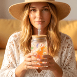 Personalised Flower Fruit 16 oz Glass Tumbler with Name Lid and Straw Summer Drink Birthday Gift for Coffee Tea Lovers