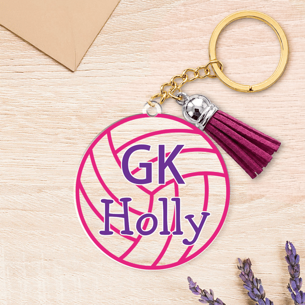 Portachiavi rotondo personalizzato in acrilico per ragazze appassionate di netball, con scritta sul retro; ciondolo per zaino; regalo per la festa di fine stagione della squadra e per il giorno della 
