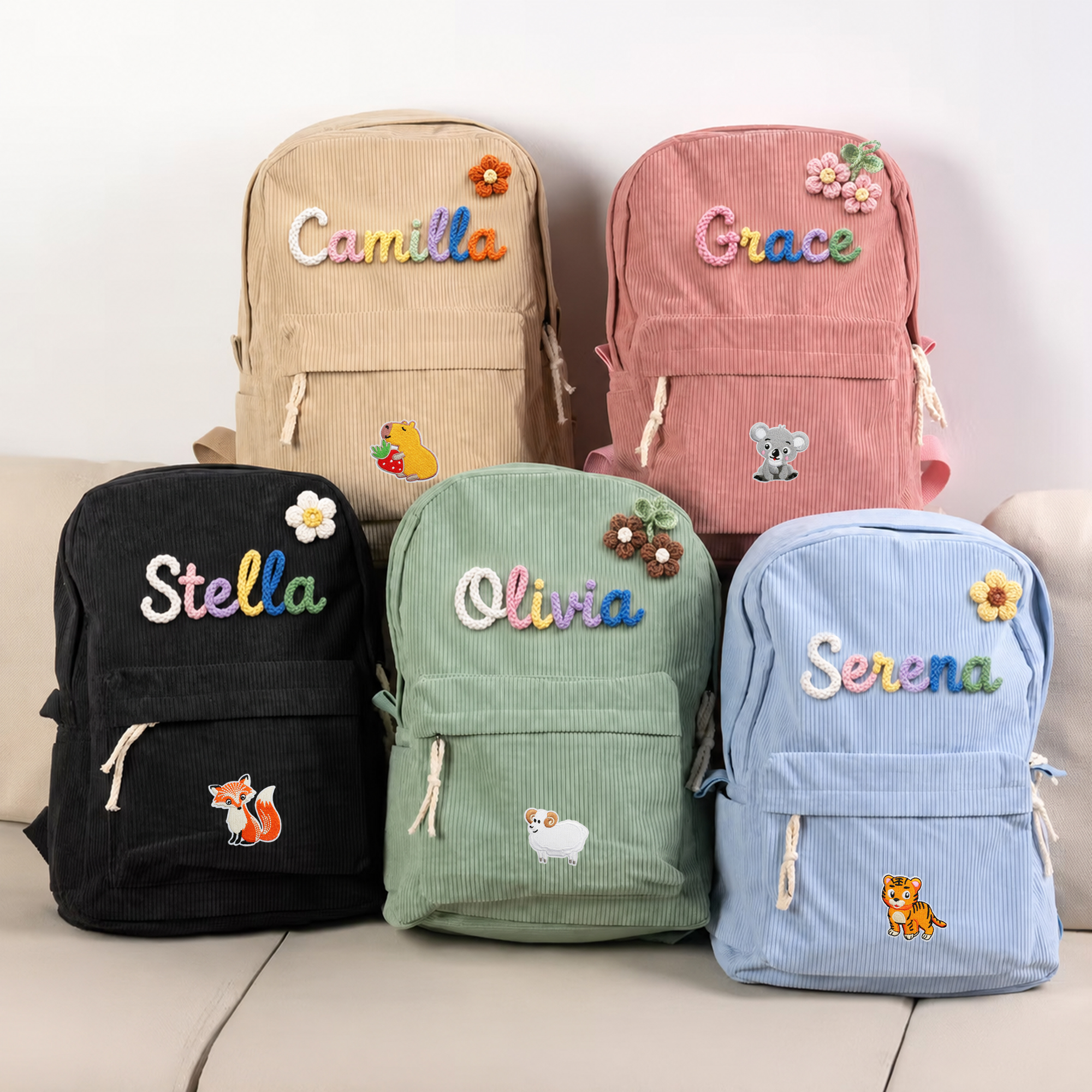 Personalisierte, niedliche Schul-Tasche aus mehrfarbigem Cord mit Tier- und Blumenmotiv und Namenszug – als Geschenk zum Schulanfang oder Geburtstag für Jungen und Mädchen