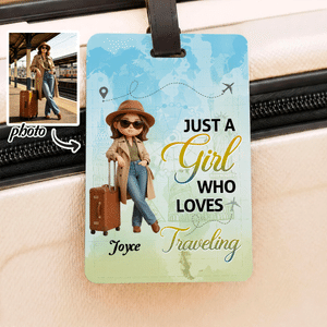 Personalized Cartoon Style Photo Just A Girl Who Loves Traveling Luggage Tag with Name Travel Accessory Vacation Birthday Gift for Travel Lovers
