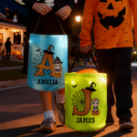Personalised Cartoon Character Pumpkin Design LED Light Candy Bucket with Name and Initial Trick or Treat Halloween Party Gift for Girls Boys