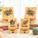 Personalized Knitted Pattern Rectangle Wavy Wooden Phone Holder with Name and Initial Desk Decor Birthday Gift for Knitting Enthusiasts