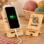 Personalized Knitted Pattern Rectangle Wavy Wooden Phone Holder with Name and Initial Desk Decor Birthday Gift for Knitting Enthusiasts