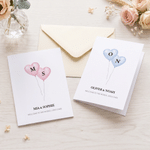 Personalized Twins Hearts Balloon Greeting Card with Names and Initials Baby Announcement Shower Birthday Gift for Newborns New Parents