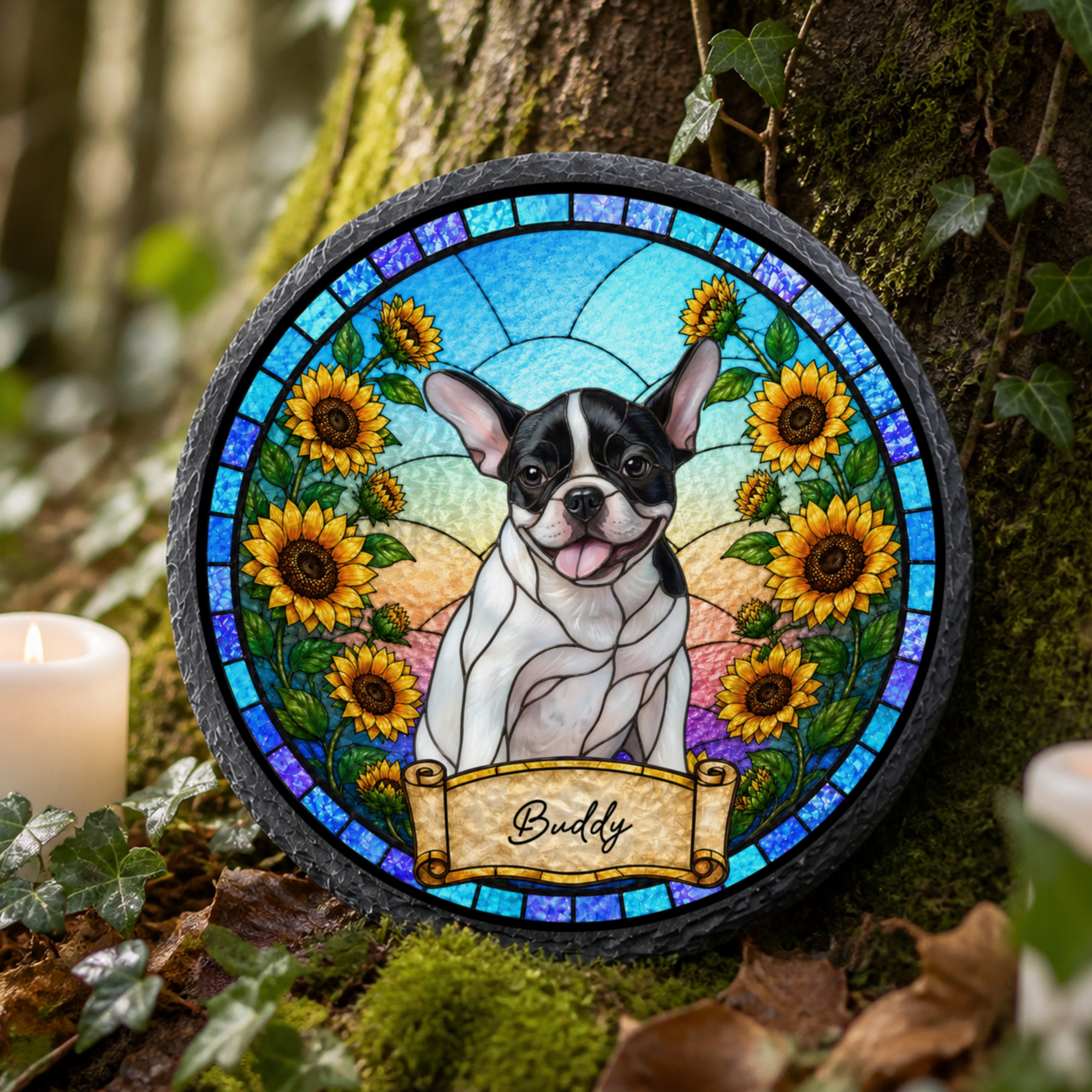 Personalisierter Gartenstein im Stil eines Buntglasfensters mit Blumenmotiv und Foto Ihres Haustiers, herzförmig, mit Text – Gartendekoration und Gedenkgeschenk für Hunde- und Katzenbesitzer