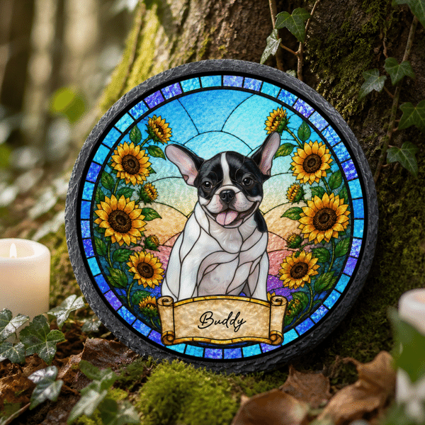 Personalized Stained Glass Style Floral Pet Photo Circle Heart Shaped Garden Stone with Text Garden Decor Memorial Gift for Dog Cat Owners