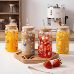 Personalised Flower Fruit 16 oz Glass Tumbler with Name Lid and Straw Summer Drink Birthday Gift for Coffee Tea Lovers