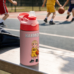 Personalised Cute Basketball Cartoon Character 12 oz Insulated Water Bottle with Straw and Name Back to School Birthday Team Gift for Kid